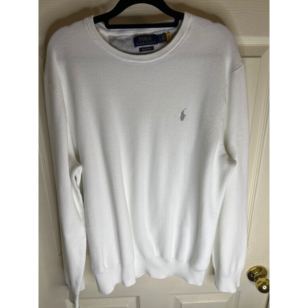 Polo Ralph Lauren Mens Pima Cotton Crewneck Sweater White XL Textured Knit Pony